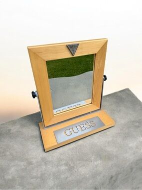Vtg GUESS U.S.A. Rotating Mirror Store Display Wooden Mounted On Stand Rare!